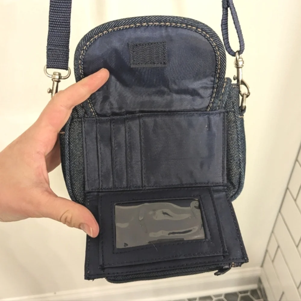 Vintage Denim Crossbody Bag with Red Handprint Accent
